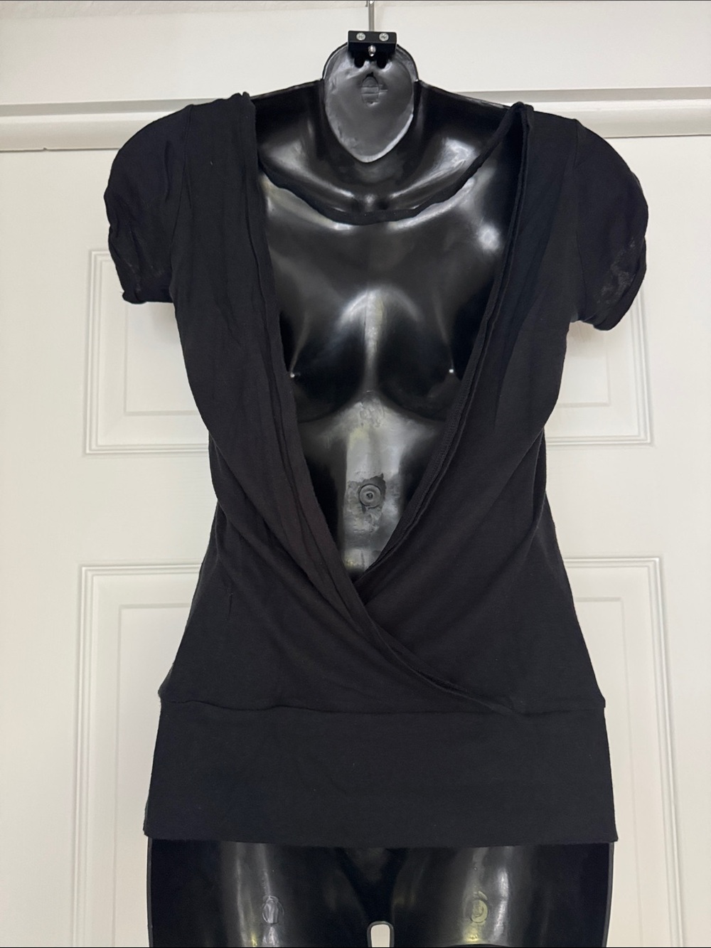Black Surplice Short-Sleeve Women's Top